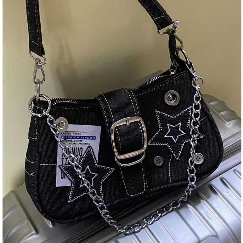 Y2k Fashion Women's Handbags Stars Pattern Cool Girl Underarm Bag | Vintage Canvas Female Shoulder Bag Chain Crossbody Tote Purses Luxegan