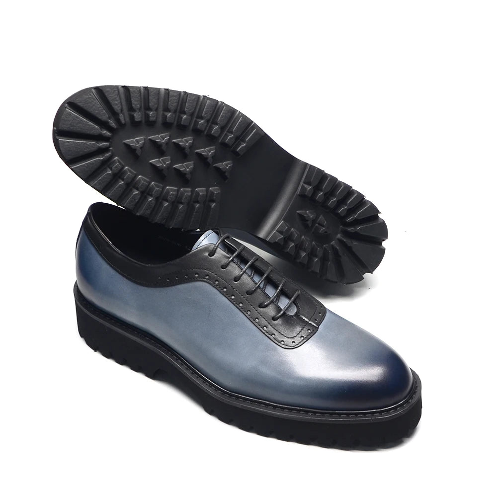 Designer Luxury Platform Oxfords for Men | Cow Suede Genuine Leather Black & Blue Casual Sneakers (Height Increasing) Luxegan