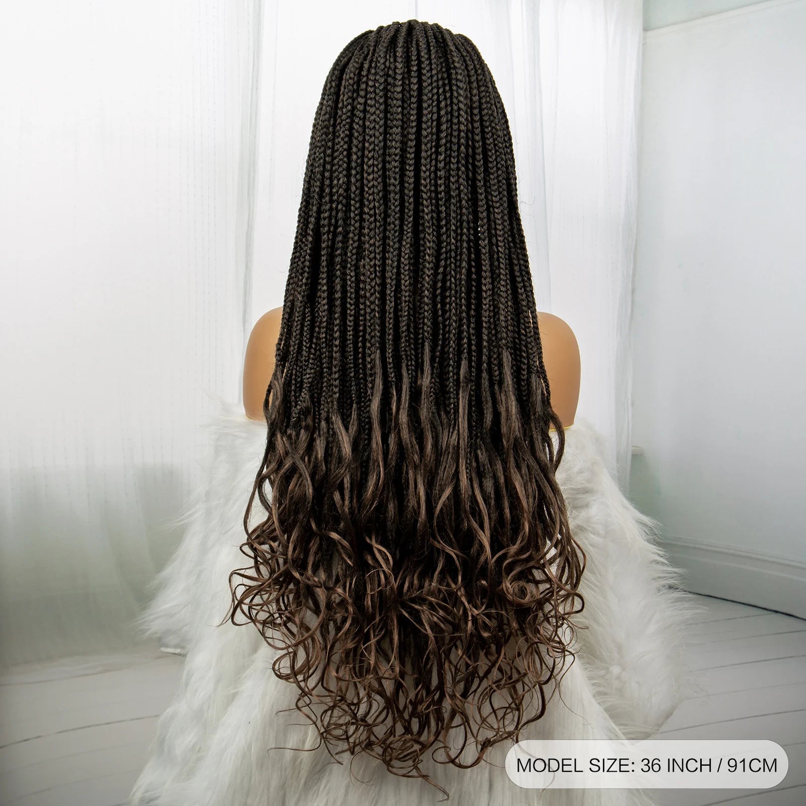 36 Inch Synthetic Braided Wigs Knotless Boho Braided Lace Wigs with Curly Ends Lace Front Braiding Hair Wig for Black Women Luxegan