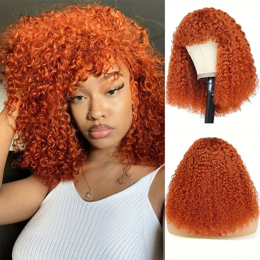 Ginger Jerry Curly Pixie Bob Wig | Honey Blonde Orange Remy Human Hair with Bangs Luxegan