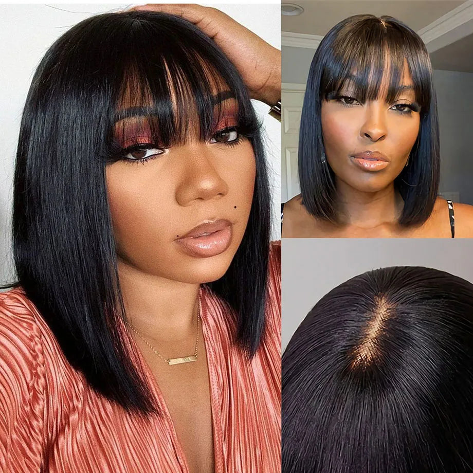 Long Straight Wig with Bangs | 30-32 Inch Brazilian Remy Hair | Middle Part Wig for Black Women
