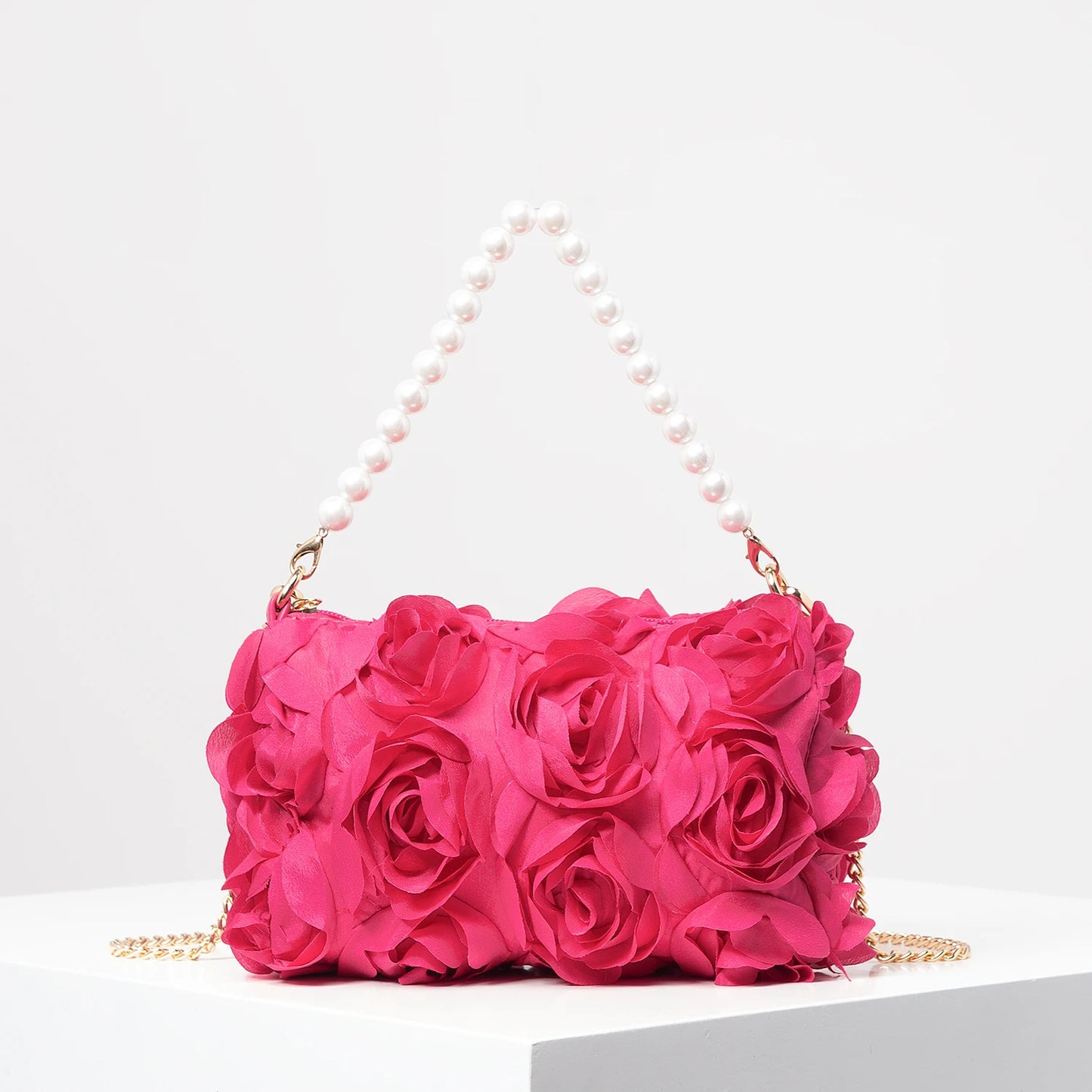 Polyester Floral Square Bag | Soft Elegant Rose Flower & Faux Pearl Dinner Clutch Luxegan
