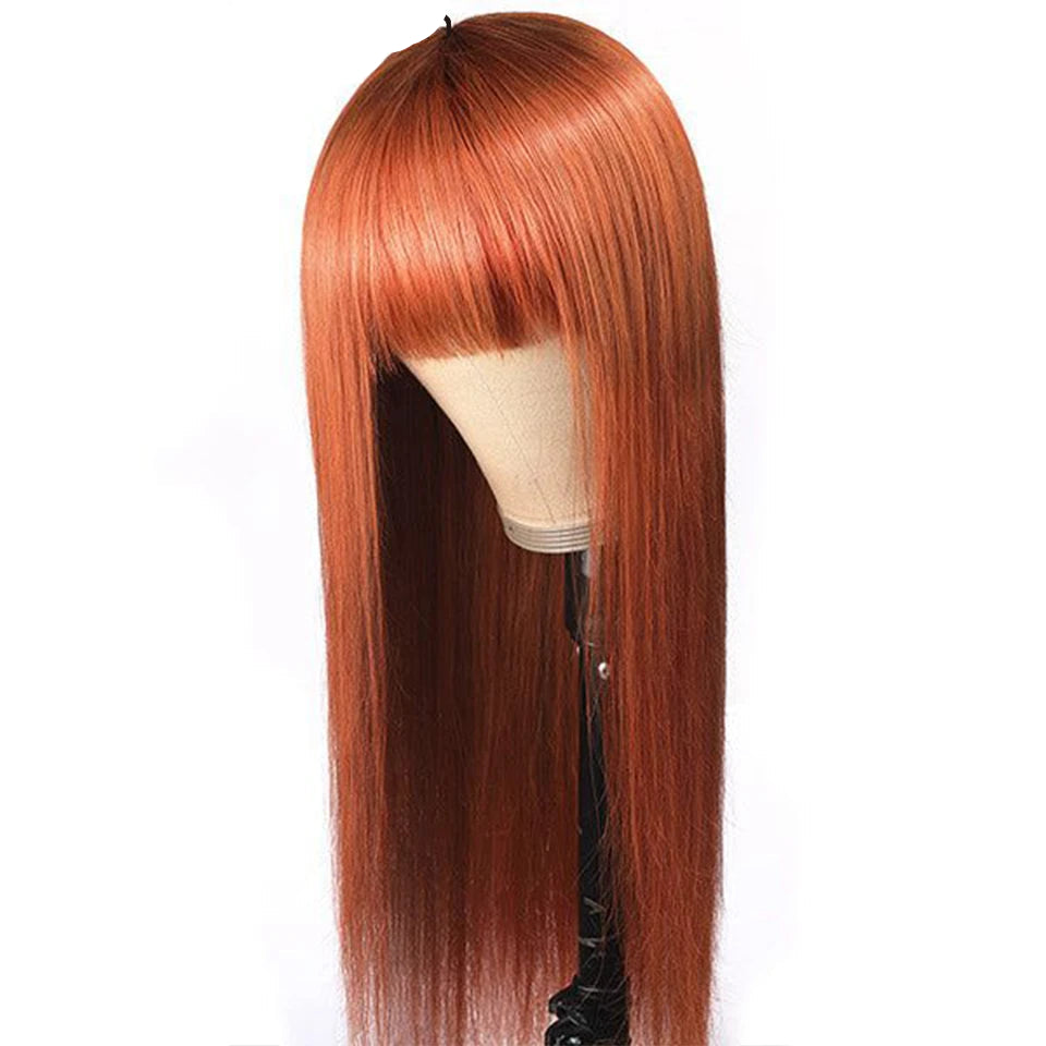 Ginger Orange Straight Human Hair Wig with Bangs | Full Machine Made Peruvian Remy Hair (Wear & Go) Luxegan