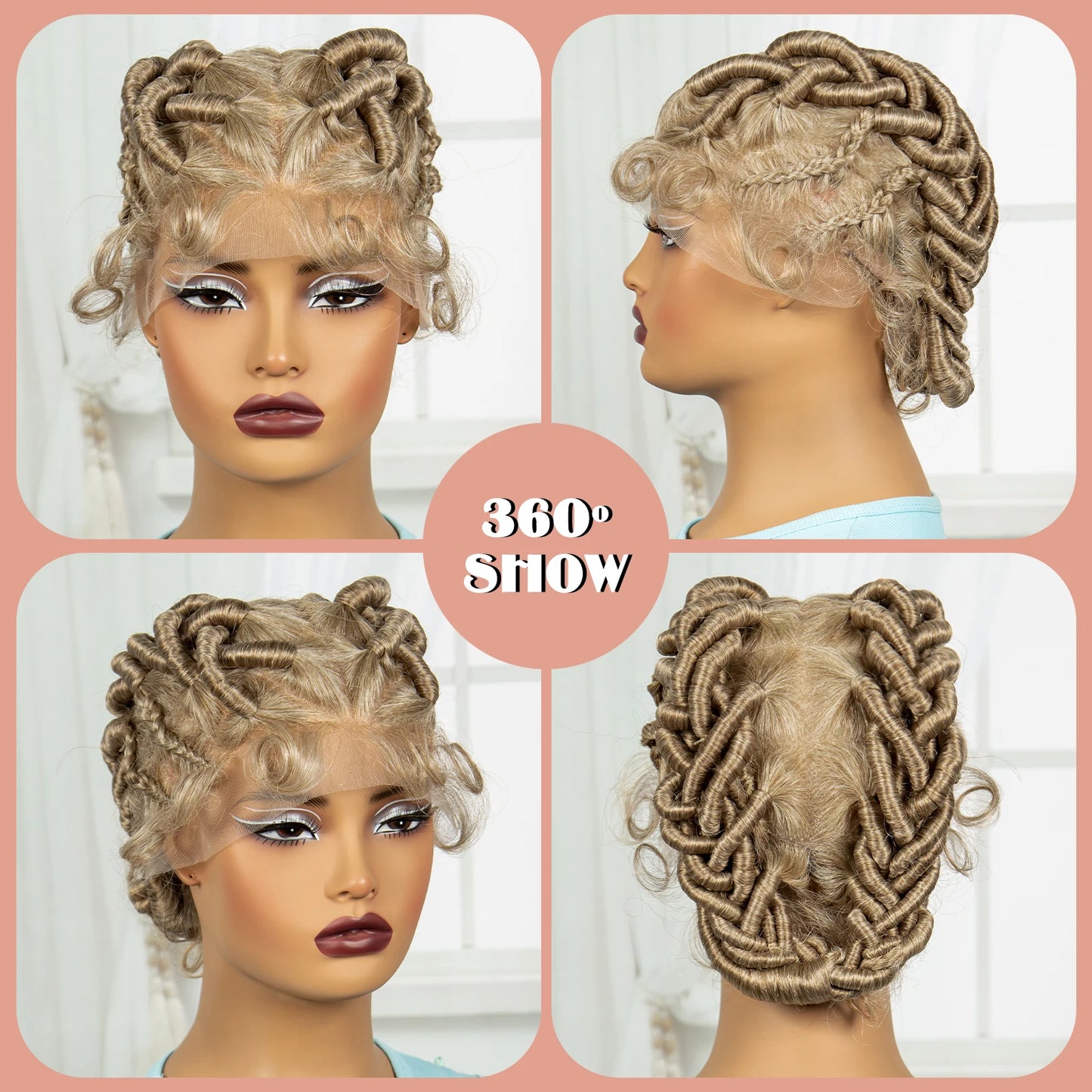 Burgundy Full Lace Synthetic Braided Wig | Knotless Box Braids & Bantu Knots | Lace Front Wig with Baby Hair for Black Women