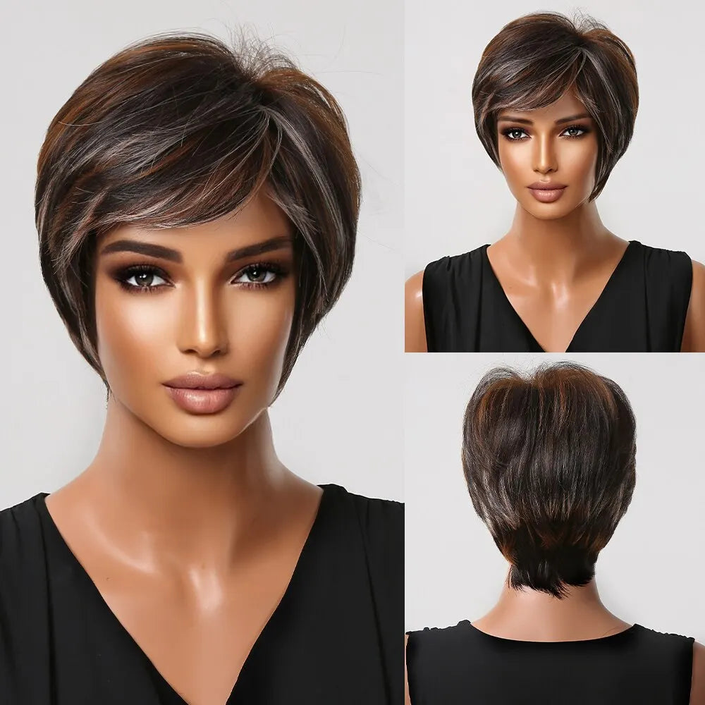 Natural Black Pixie Cut Wig with Fluffy Bangs | Short Layered Heat-Resistant Synthetic Hair for Daily Wear Luxegan
