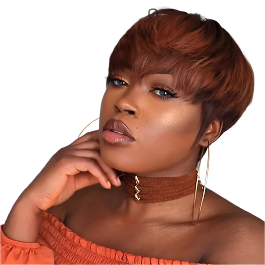 Rebecca Pixie Cut Wig | Brown Remy Human Hair with Bangs & Romace Curl Luxegan