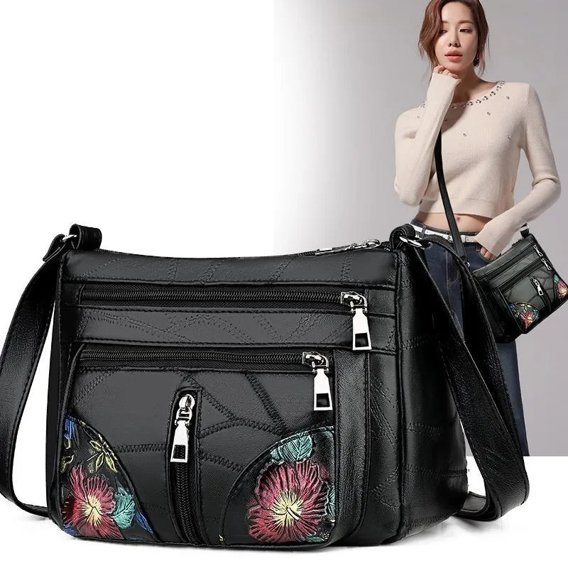 Luxury Soft Leather Women's Crossbody Bag | Flower Multi-Pocket Handbag & Designer Messenger Bag Luxegan