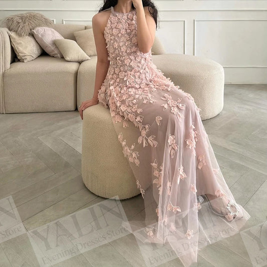 Floral Beaded A-Line Prom Dress | O-Neck Sleeveless Floor-Length Evening Gown Luxegan