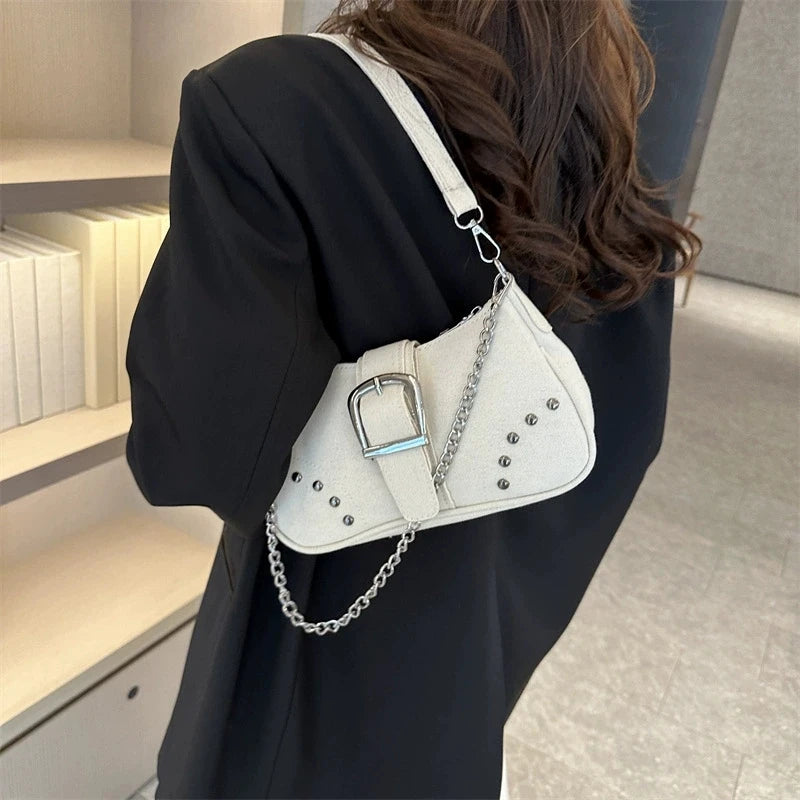 Denim Solid Casual Tote | Soft Chic Sequined Chain Underarm Shoulder Bag Luxegan