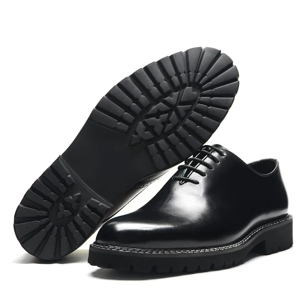 Elegant Black Men's Dress Shoes | Genuine Natural Whole Leather Oxfords (Height Increasing, Breathable) Luxegan