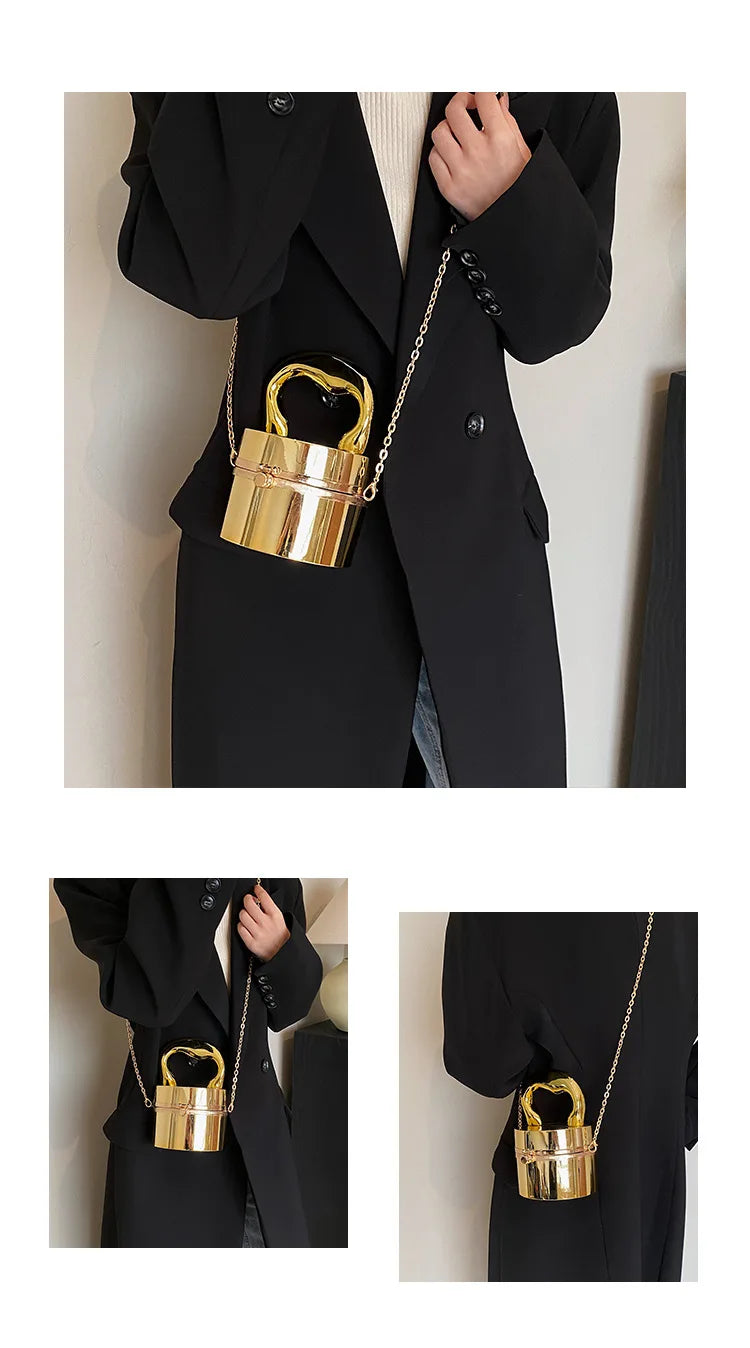 Gold Box Handbag | Shiny Party Evening Clutch & Metal Chain Messenger Purse Luxegan