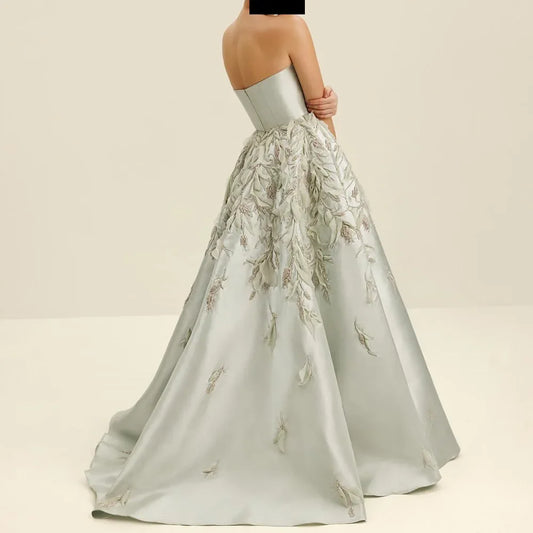 Retro Classic Satin A-Line Evening Dress | Strapless Applique Beaded Formal Gown | Custom Size Floor-Length Sweep Train Dress Luxegan