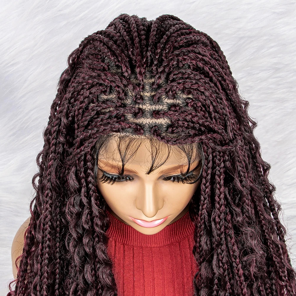 Curly End Box Braids Lace Frontal Wig with Baby Hair | Synthetic Full Lace Braided Wig for Black Women Luxegan