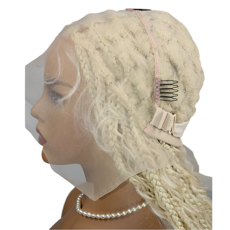 32" Box Braided Wig with Boho Curls - Knotless Braids, Cornrow Style, Lace Front Wig for Black Women (Natural Black)