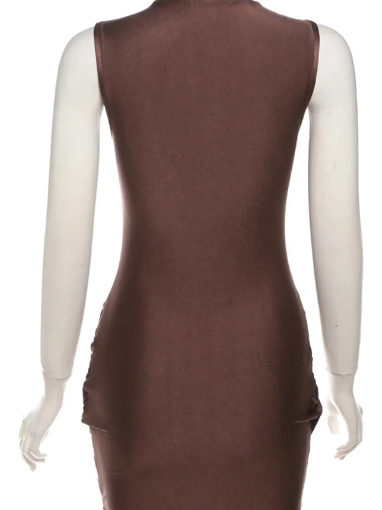 Cross Ruffle Bodycon Mini Dress – Half-High Collar, Sleeveless, Slim Fit Luxegan