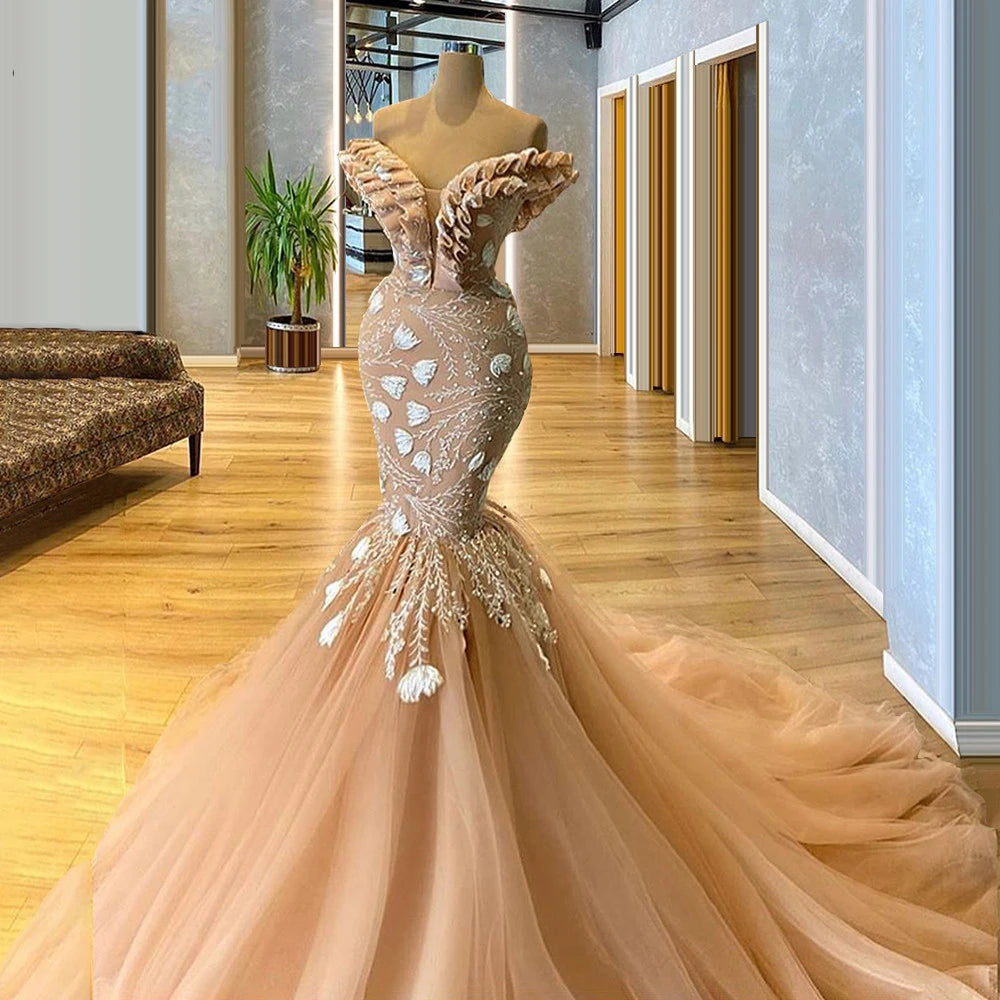 Off Shoulder Evening Dresses Long Luxury 2025 Mermaid Bead Lace Champagne Elegent Formal Prom Gowns Celebrity Special Occasions