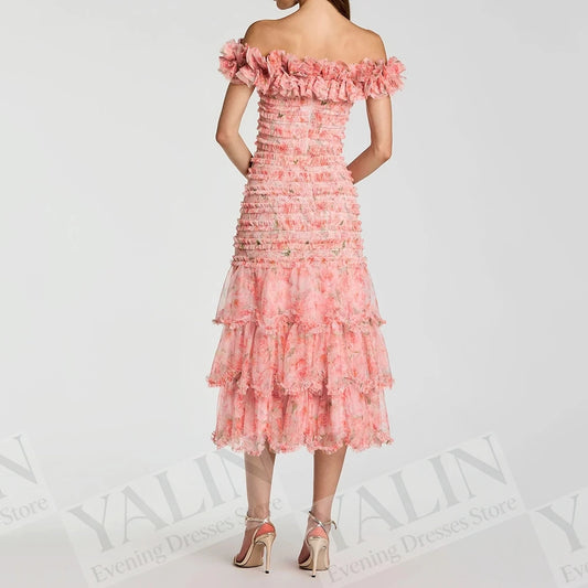 Floral Print A-Line Prom Dress | Off-Shoulder Tea-Length Ruched Evening Gown Luxegan
