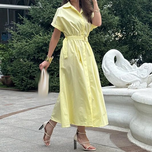 Sash Draped A-Line Evening Gown | V-Neck Short Sleeve Tea-Length Prom Dress - view 2