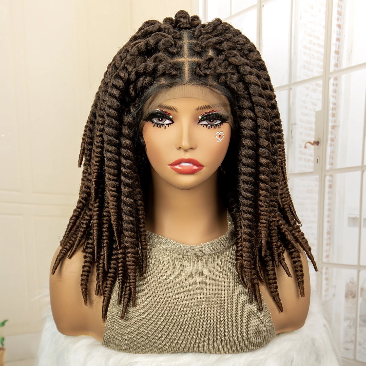 16 Inch Brown Twisted Braided Bob Wig | Full Lace | Kanekalon Fiber | For Black Women - Luxegan