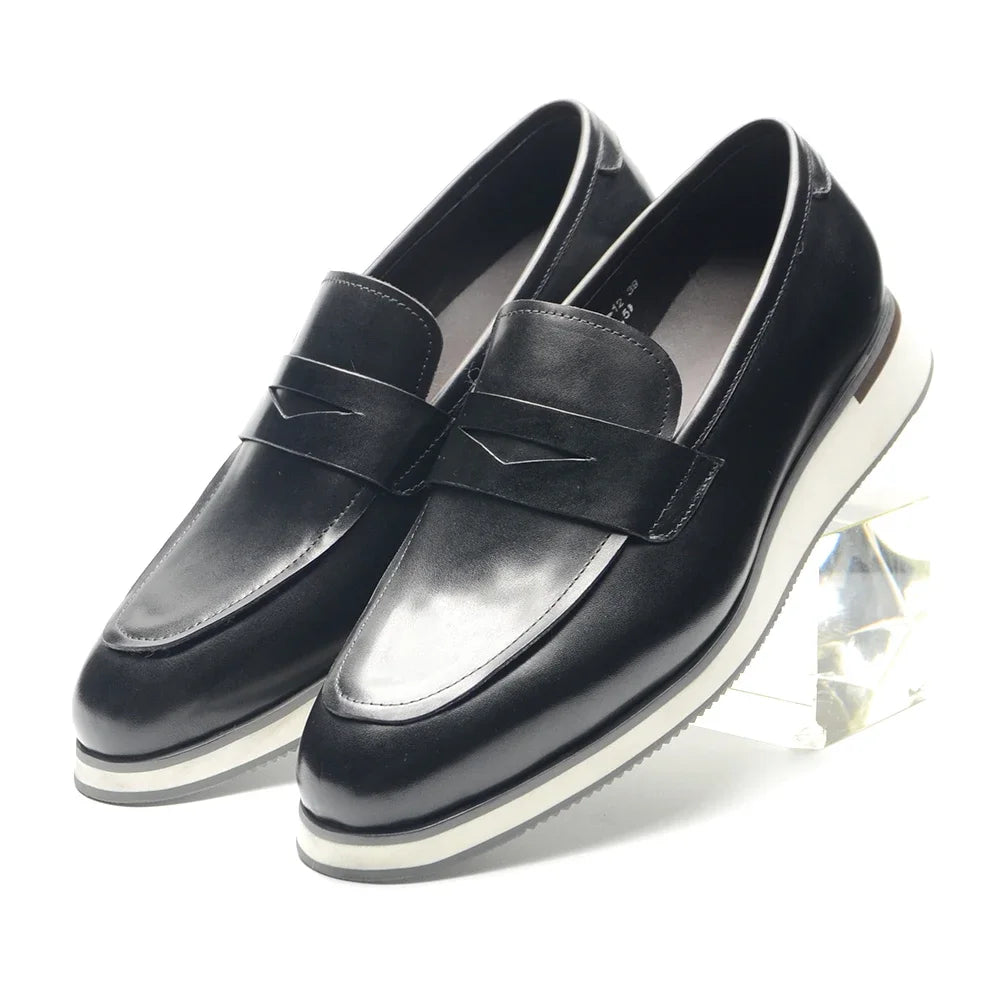 Classy Men's Genuine Cow Leather Penny Loafers | Blue & Black Casual Business Flats (Breathable) Luxegan