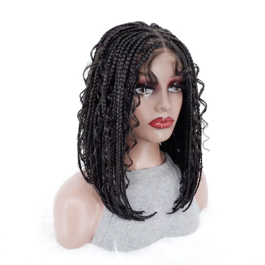 Short Bob Braided Wig - Bantu Knots & Boho Knotless Braids - Lace Front Bob Box Braid Wig for Black Women