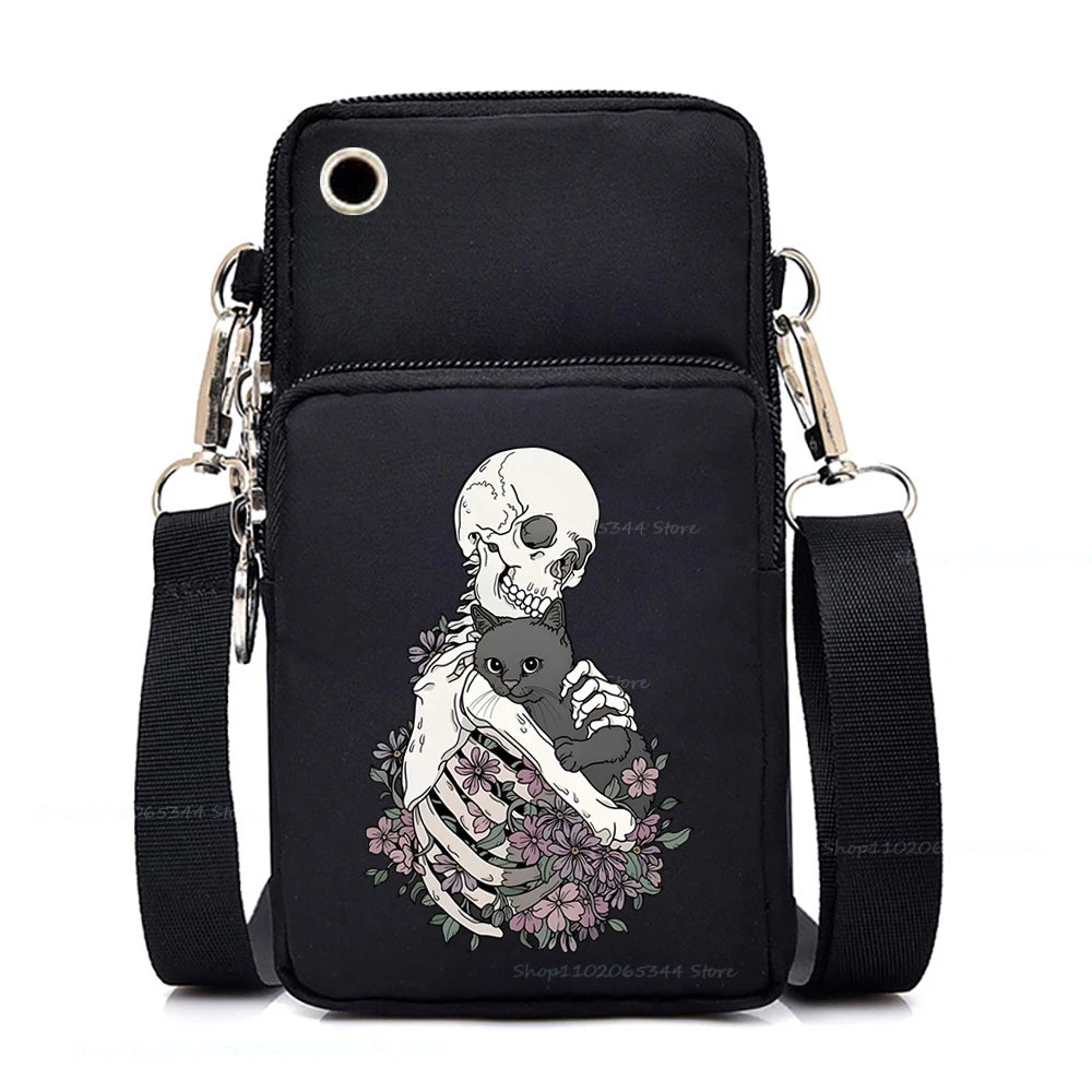 "Dead Inside But Love Cats" Shoulder Bag | Sophisticated Funny Vintage Skeleton Purse | Elegant Cartoon-Print Mobile Phone Bag | "Dignified" Soft Nylon Mini-Handbag for Versatile Casual Styling Luxegan