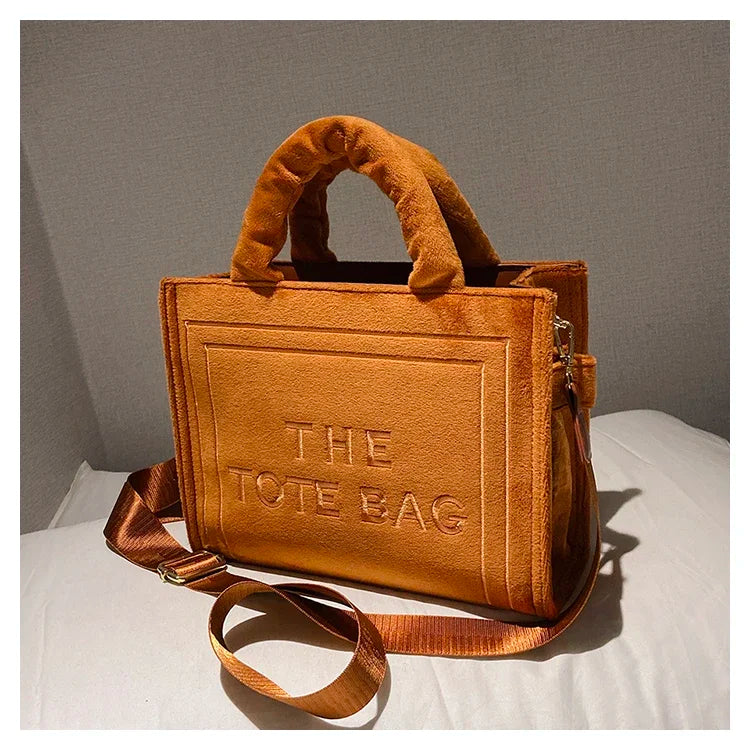 Khaki Velour Letter Print Tote Bag | Soft Medium Shoulder Shopper Luxegan