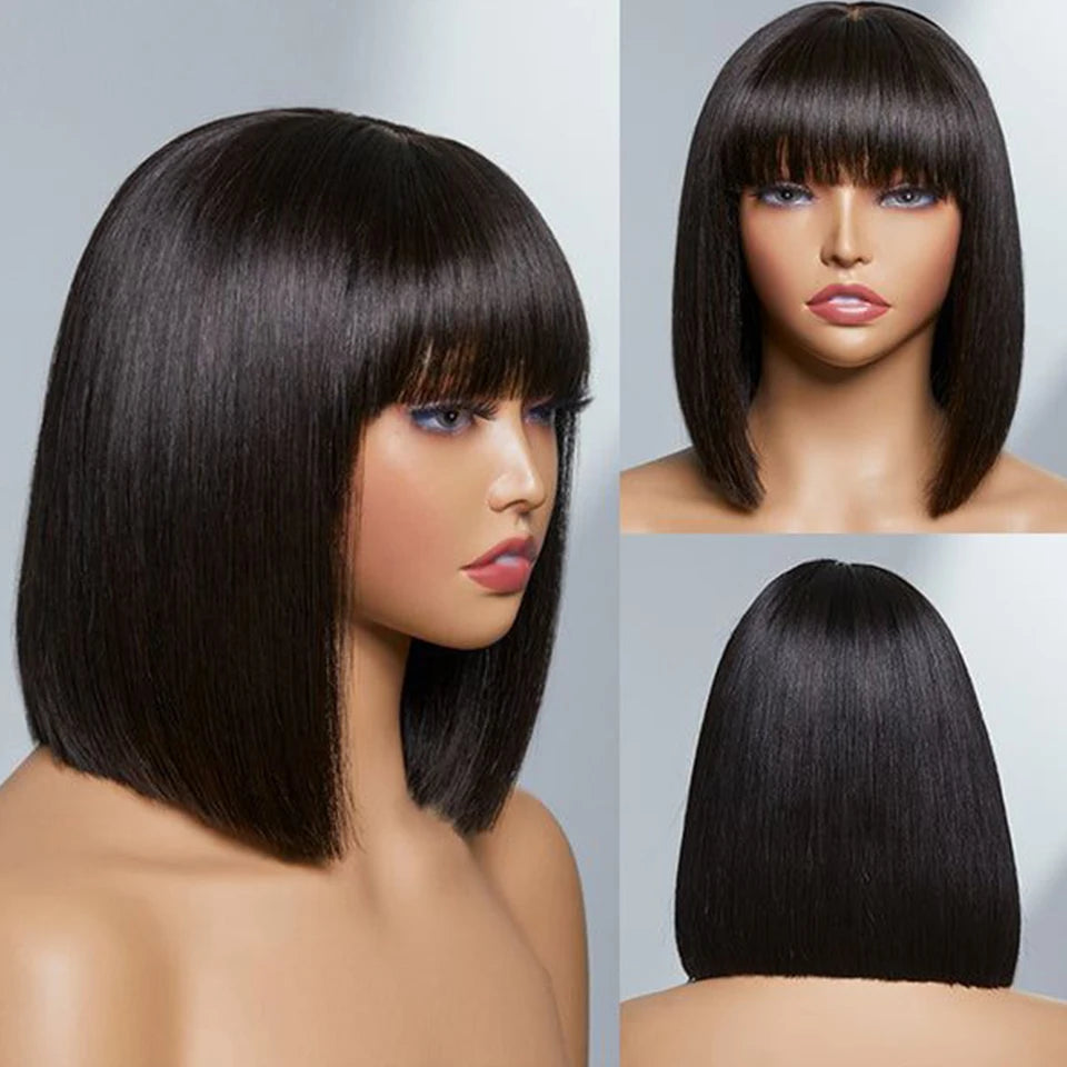 Mongolian Straight Bob Wig with Bangs | Glueless Middle Part Lace Human Hair (Realistic Scalp) Luxegan