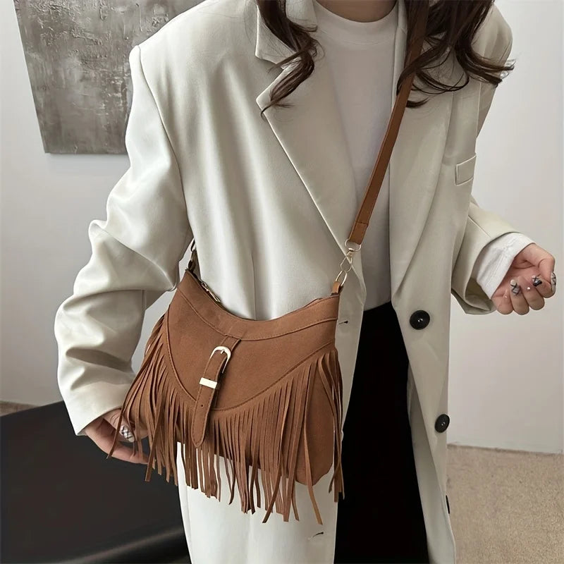 Women’s Vintage Faux Suede Messenger Bag | Western-Style Tassel Crossbody with Sequined Accents | Lightweight Fashion Satchel with Adjustable Detachable Strap Luxegan