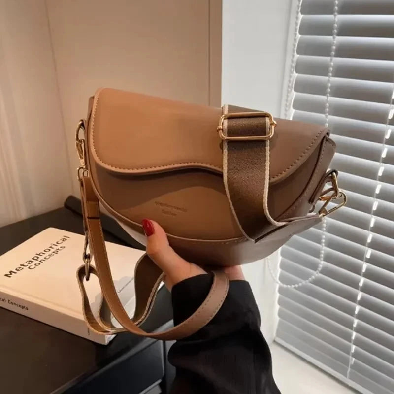 Vintage PU Leather Crossbody Bag | Small Saddle Shoulder Bag with Wide Strap & Flap Design Luxegan