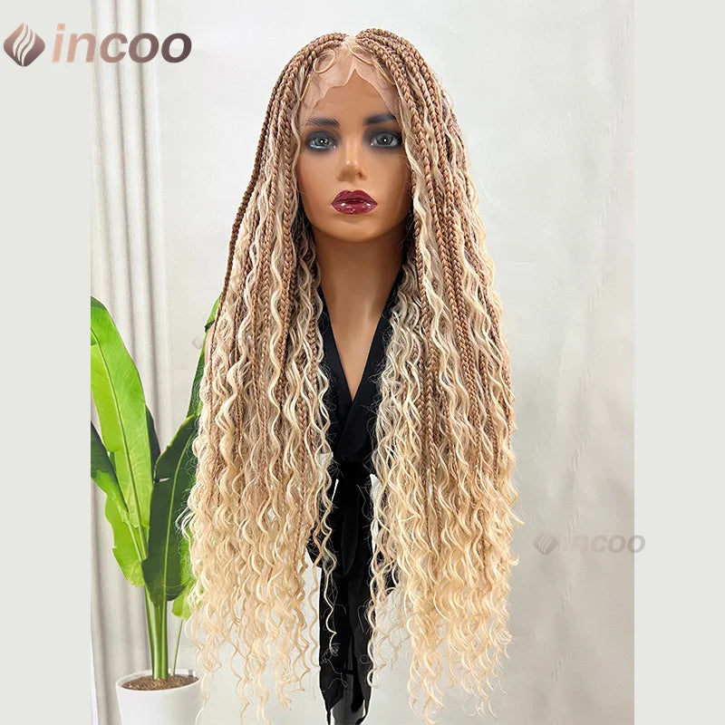 32" Bohemian Braided Wig | 613 Blonde Full Lace Box Braids | Knotless Braids with Baby Hair