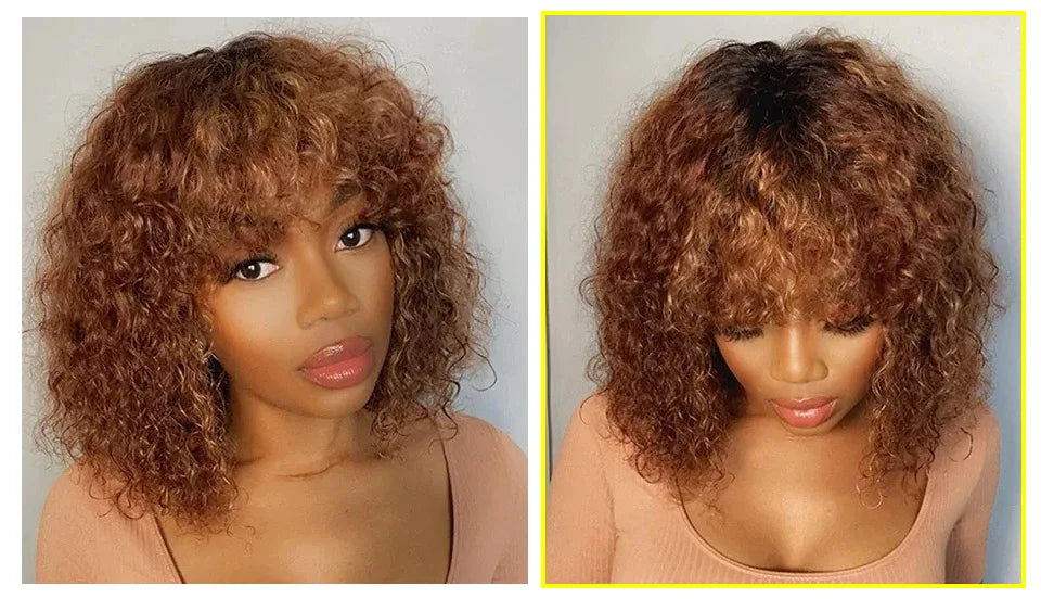 Brazilian Jerry Curly Human Hair Bob Wig with Bangs | Natural Highlight Honey Water Wave Kinky Curly Wigs for Women Luxegan