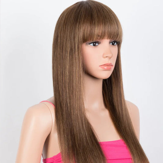 Blonde Highlight Straight Wig with Bangs | 180% Density Glueless Full Machine Made Brazilian Ombre Human Hair Luxegan
