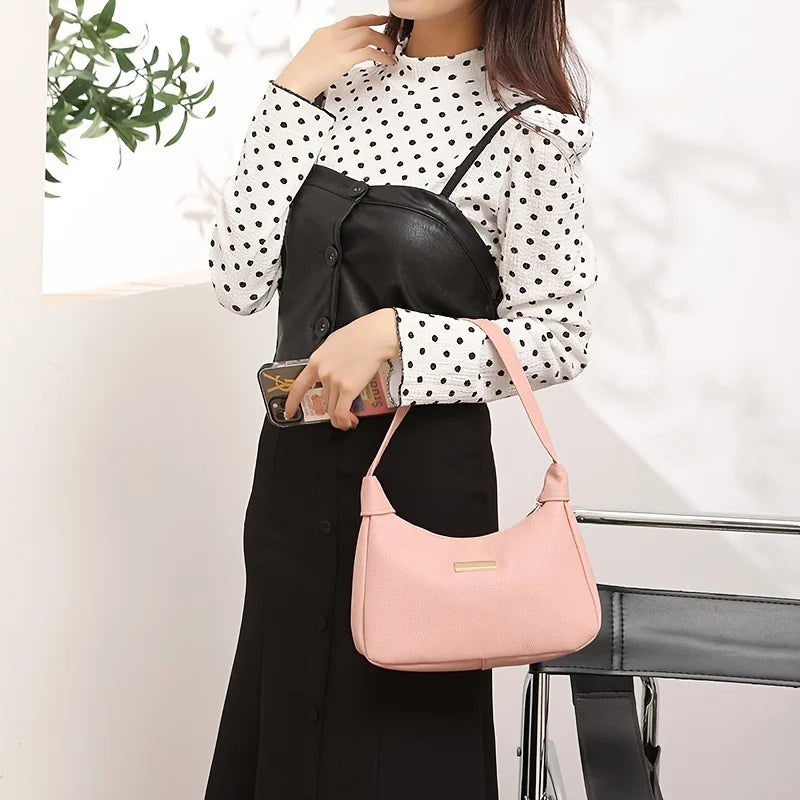 Fashion Shoulder Bag for Women | Solid Color Synthetic Leather Handbag with Zipper Closure | Versatile Underarm Dumpling Purse Luxegan