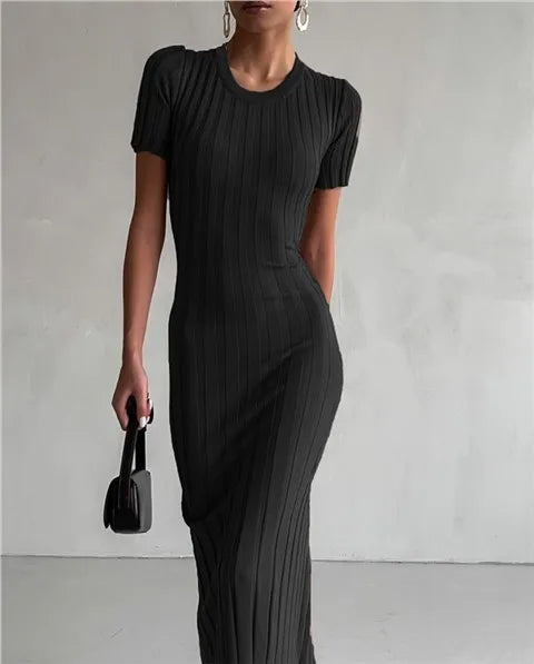 Summer Knitted Tight Maxi Dress | Sophisticated Medium Round Neck Silhouette | Elegant "High Waist" Commuter Long Skirt | "Dignified" Pure Color Knitwear for Radiant Versatile Styling Luxegan