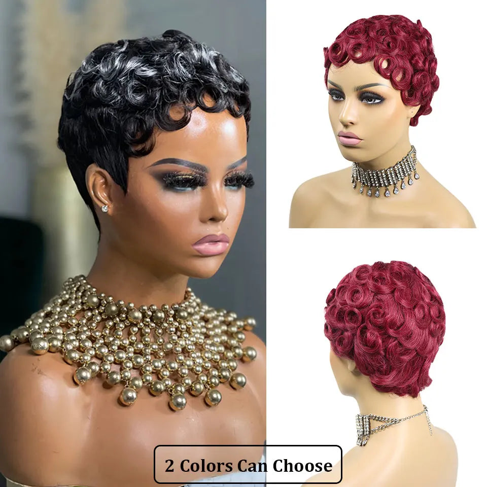 99J Burgundy & Natural Black Pixie Cut Wig | 150% Density Glueless Remy Human Hair Bob Luxegan