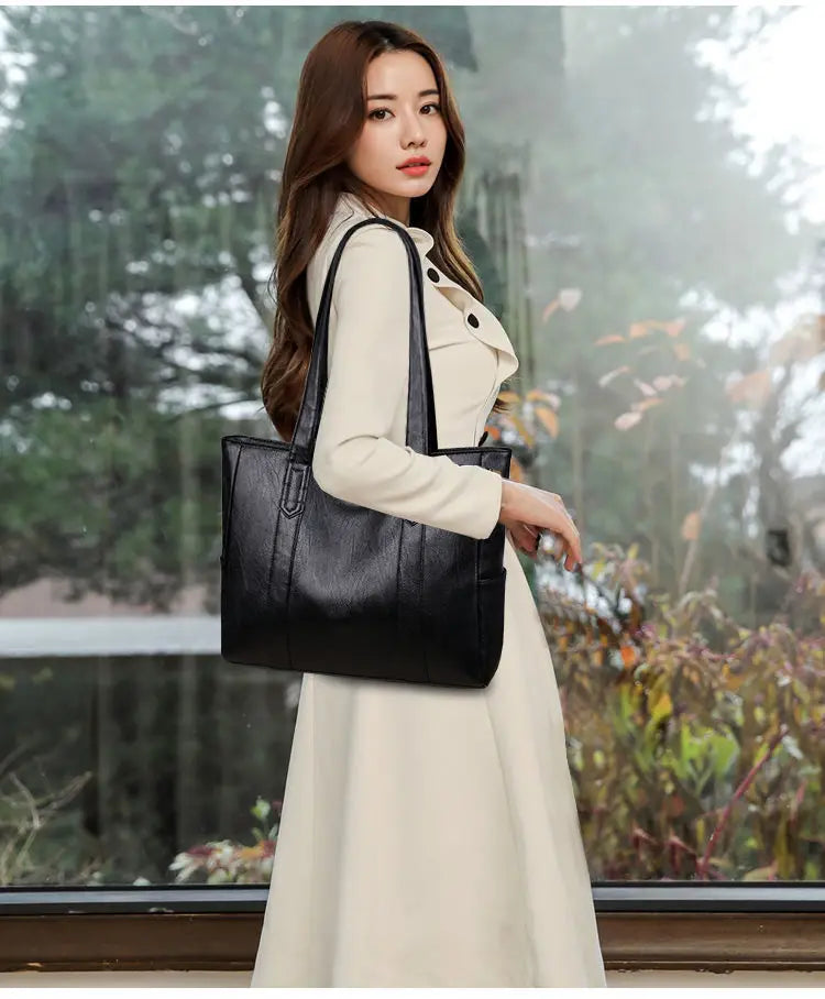 Women’s Vintage PU Leather Large Capacity Tote | Structured Box Shoulder Bag & Crossbody | Minimalist Synthetic Leather Travel Handbag Luxegan