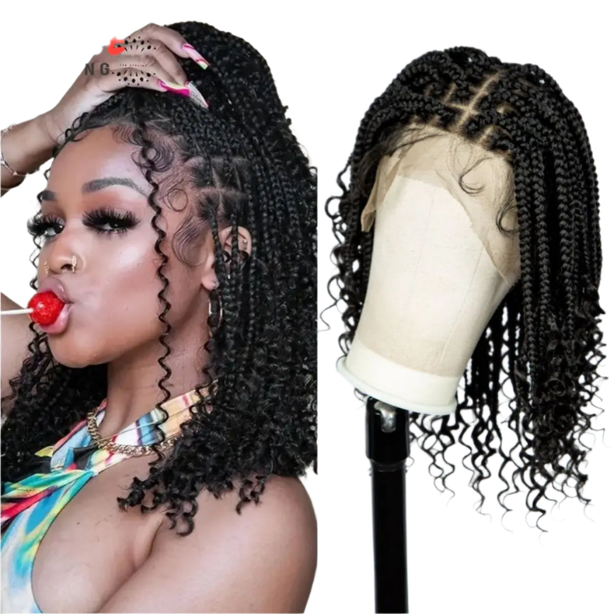 Knotless Box Boho Braided Wig with Curly Ends | Short Bob Style | Full Lace Synthetic Wig for Black Women Luxegan