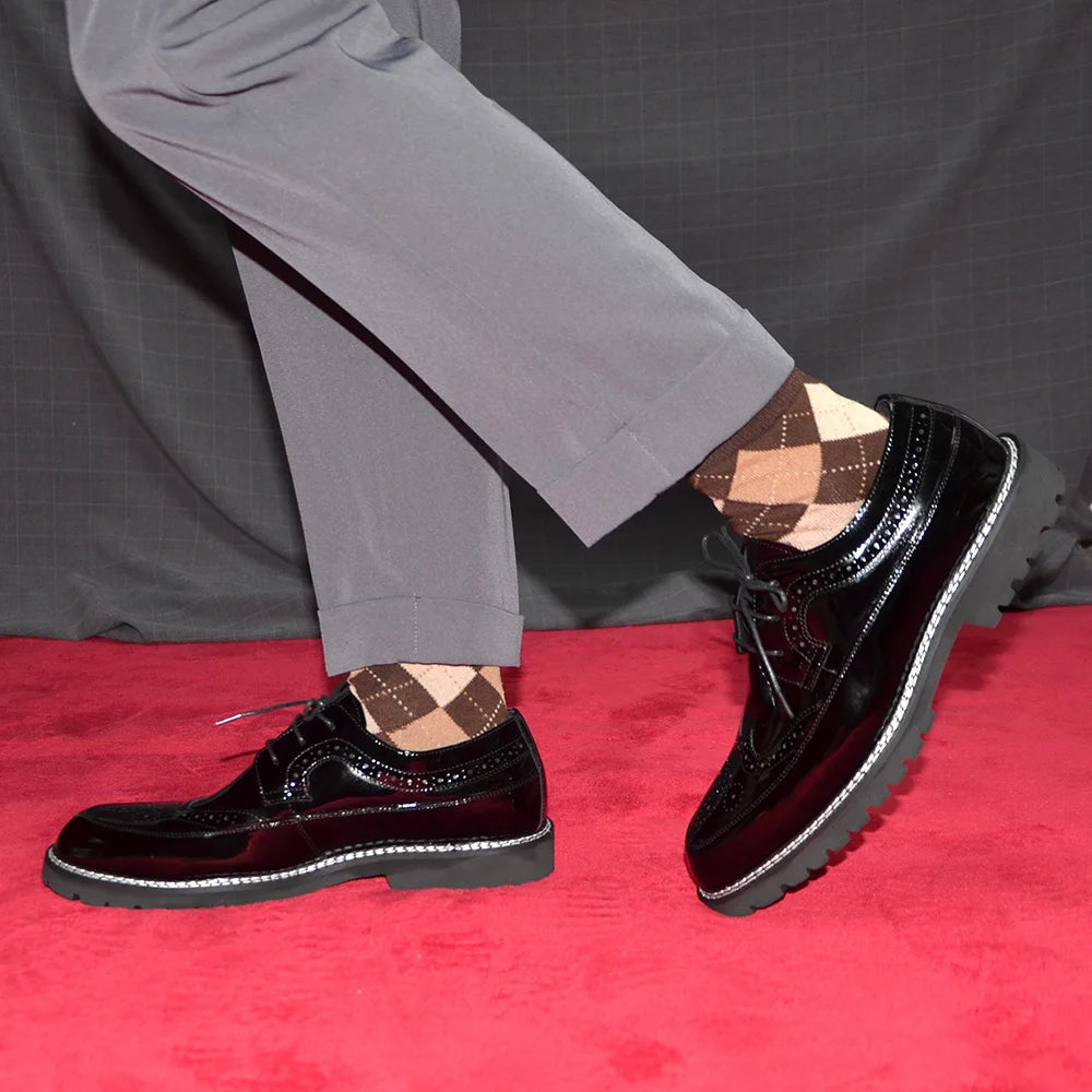 Luxury Men's Black Patent Leather Wingtip Brogue Oxfords | Thick Sole Formal Dress Derby Shoes (Height Increasing) Luxegan