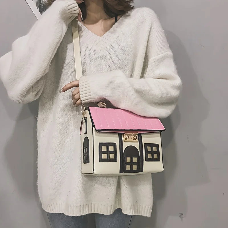 New Creative Cartoon Small House Crossbody Bag | Cute Funny Contrasting Color PU Leather Women's Handbag Luxegan