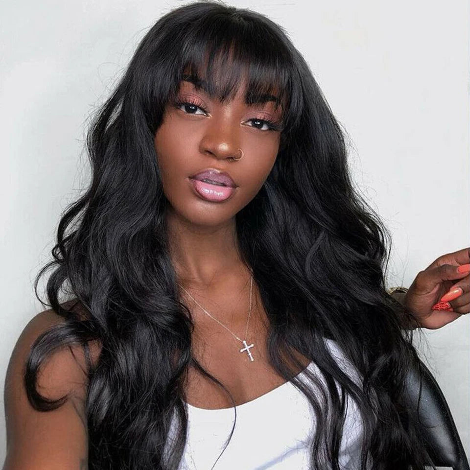 Natural Color 22" Body Wave Wig with Bangs | 180% Density Remy Human Hair Middle Part Lace Luxegan