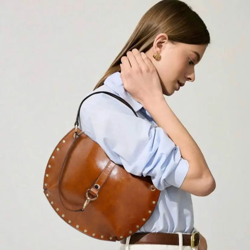 Studded Crescent Saddle Bag | Punk Shoulder & Crossbody Handbag Luxegan
