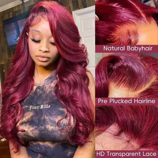 99J Burgundy Body Wave Lace Frontal Wig | Sophisticated 13x6 HD Transparent Lace | Elegant "Brazilian Remy" 26+ Inch Length | "Dignified" Pre-Plucked "Red Color" Human Hair for Radiant Versatile Styling Luxegan