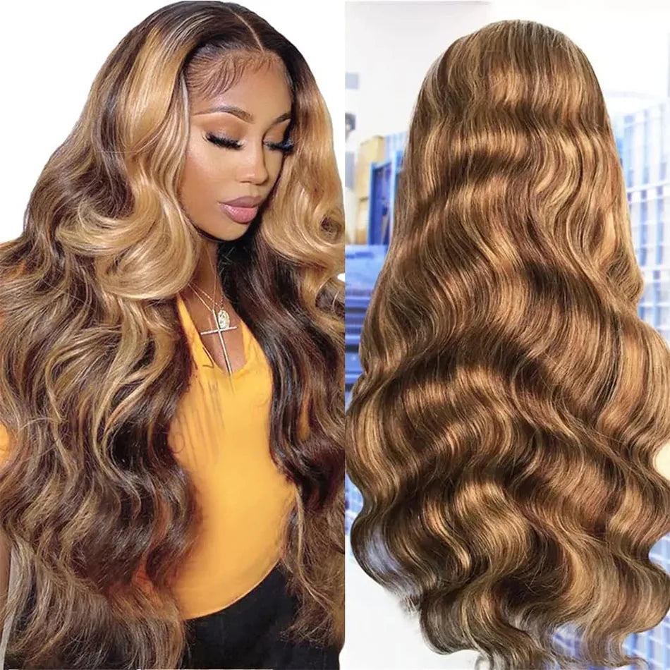 180% Density Ombre Highlight Body Wave Human Hair Wig | HD Transparent Lace Front Luxgan