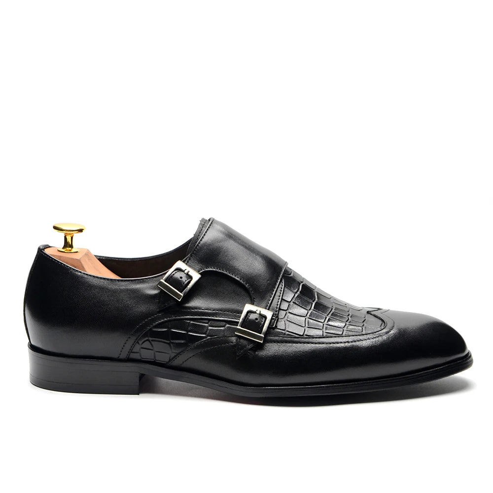 Elegant Men's Genuine Leather Monk Strap Shoes | Stone Pattern Print Double Buckle & Cap Toe (Business, Party, Social) Luxegan
