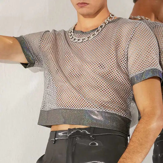 Men’s Mesh Patchwork See-Through T-Shirt | Sophisticated "Short Sleeve" Crop Top Silhouette | Elegant "Grey" Nightclub Camiseta | "Dignified" High-Performance Streetwear for Radiant Versatile Styling Luxegan