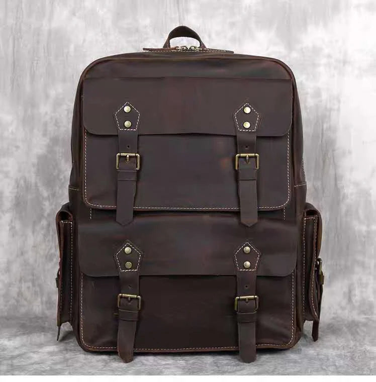 Vintage Crazy Horse Genuine Leather Backpack | Large Capacity Cowhide Travel Rucksack | 17-Inch Laptop Bag for Men & Hiking Backpack (Model M-815) Luxegan