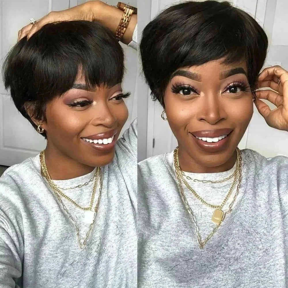 Short Pixie Cut Wig Human Hair | Machine Made Wig with Bangs | Brazilian Remy Hair | Pixie Wig for Black Women