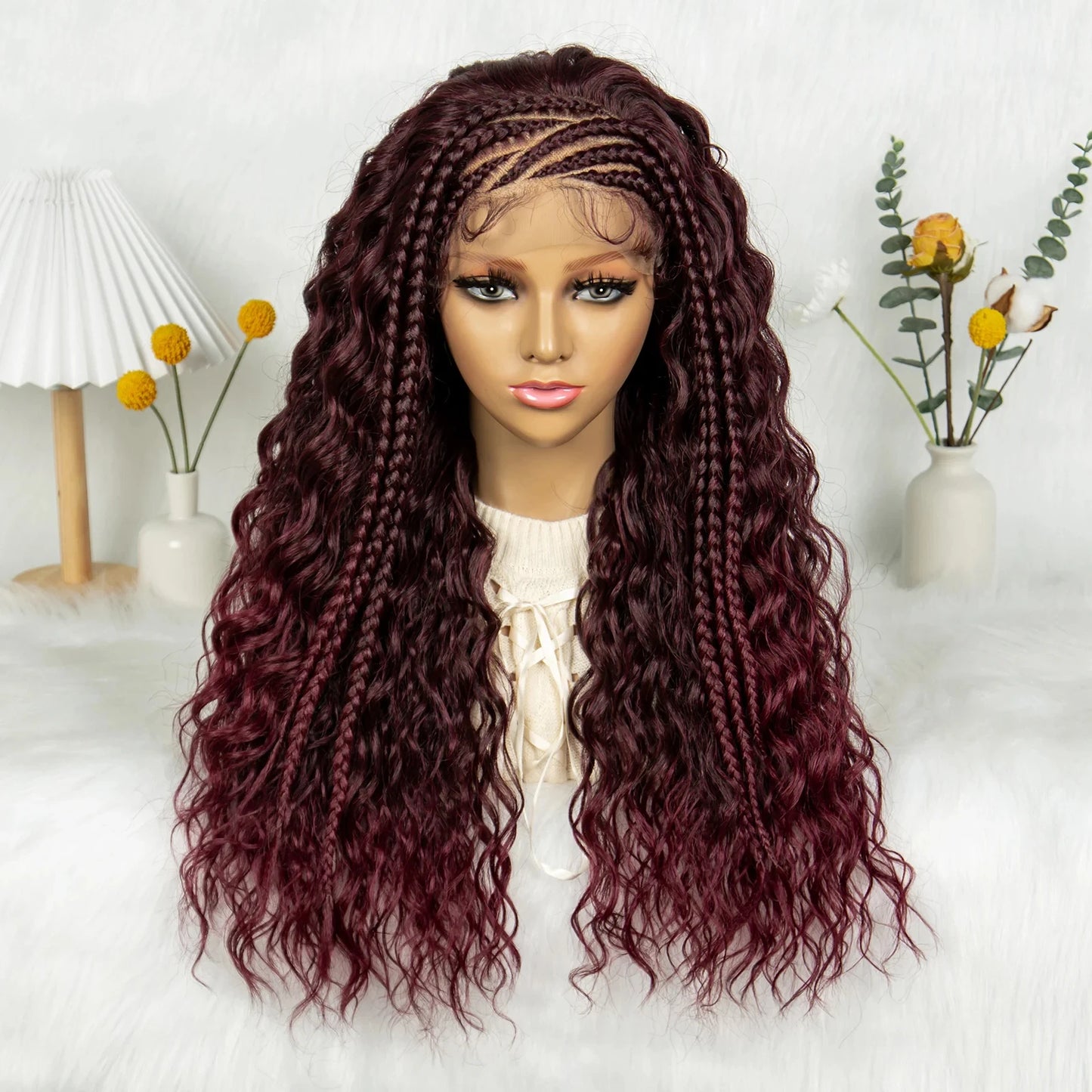 Burgundy Cornrow Stitch Curly Braids Wig | 13x4 Lace Front | Baby Hair | KIMA Luxegan