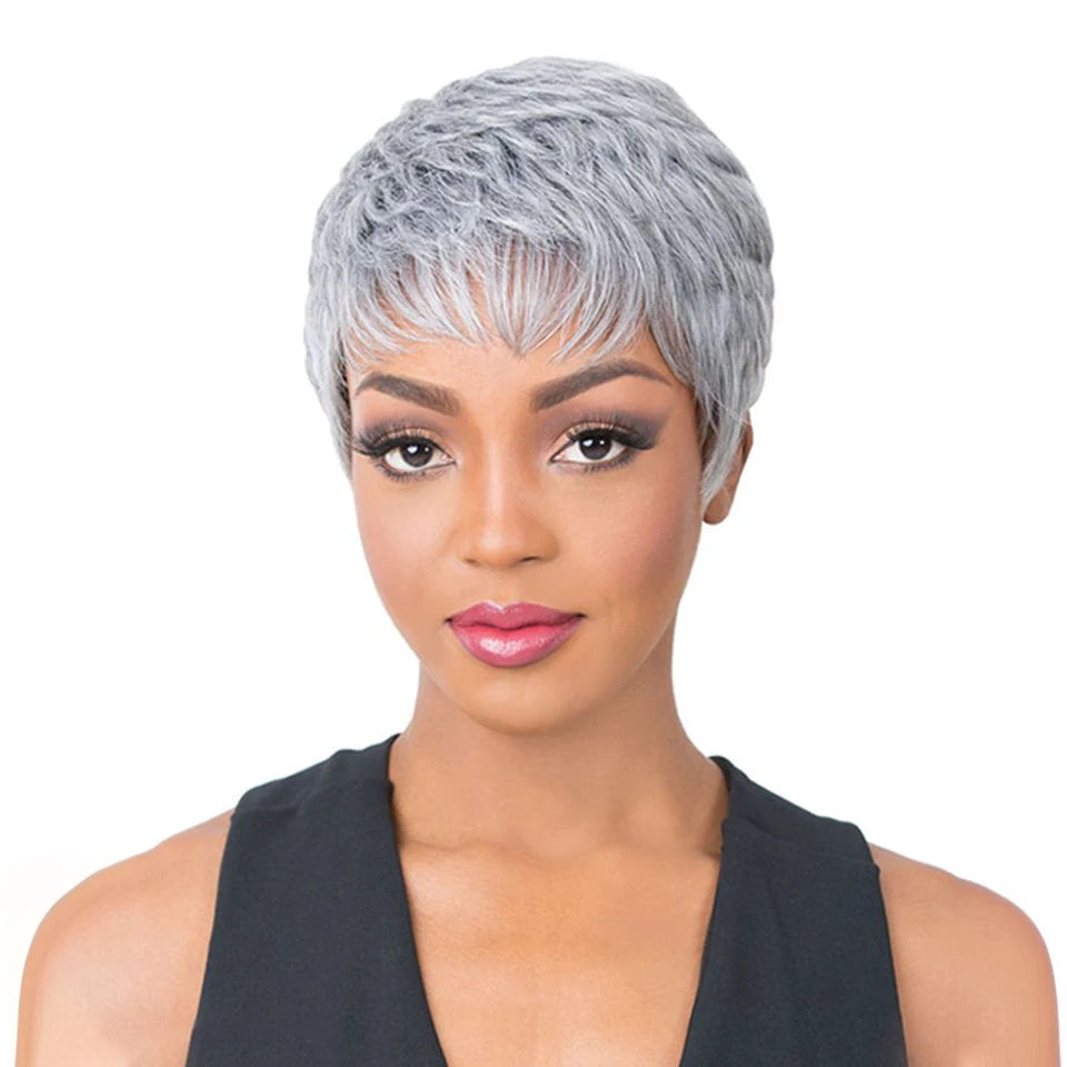 Grey & Natural Black Pixie Cut Wig with Bangs | Remy Human Hair Full Machine Made Luxegan